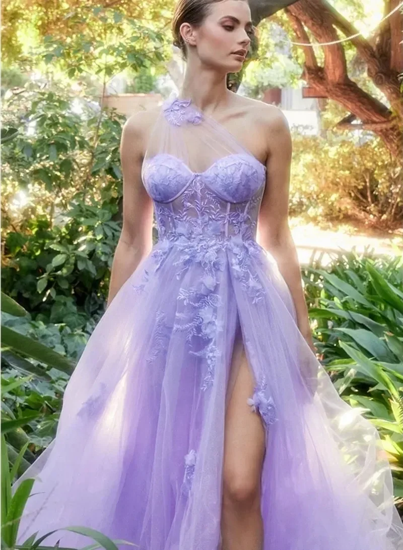 

Fairy Purple A-line Evening Formal Dress One Shoulder Flower Embroidery Lace Silt Tulle Christmas Birthday Prom Party Gown