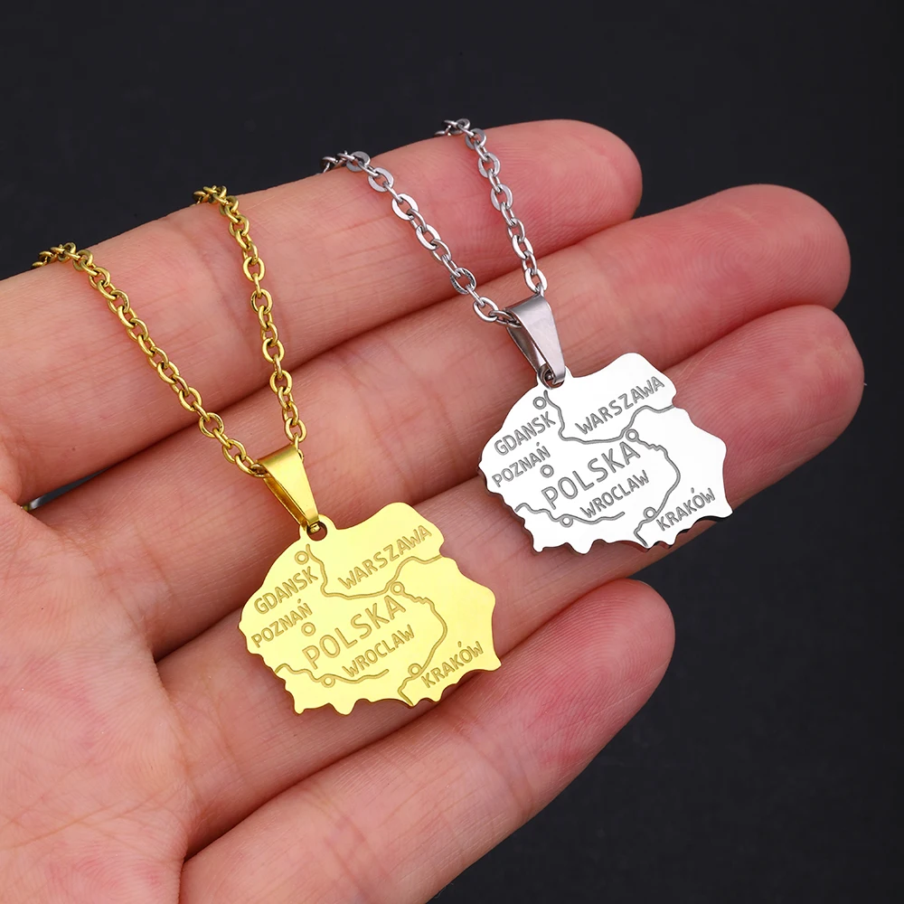 Poland Map Pendant Necklace Stainless Steel For Women Girls Gold Silver Color Charm Fashion Female Choker Polish Jewelry Gift