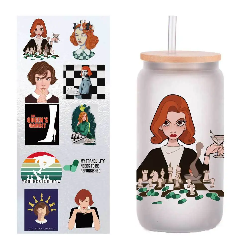 

10 pieces/pack Queen's chess UV transfer sticker Crystal label Cup sticker customized four inches.