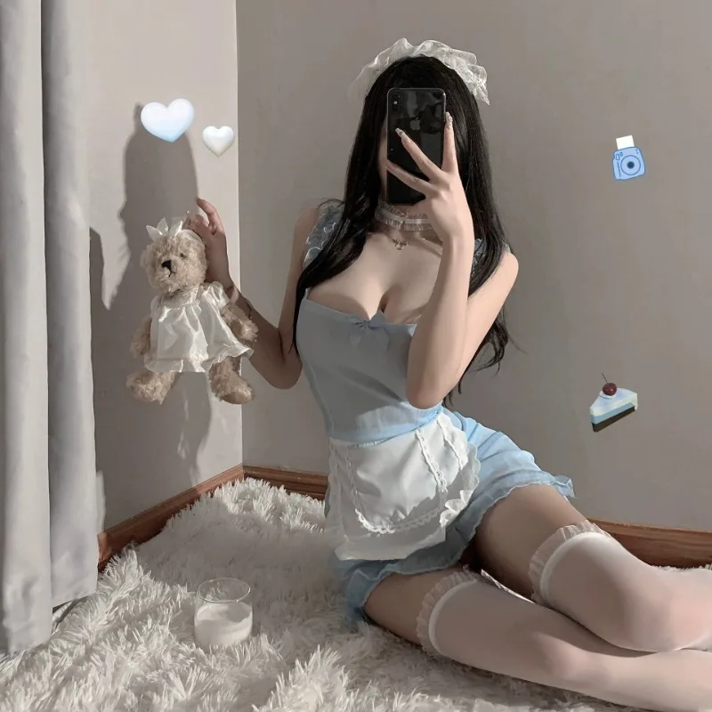 Lingerie sexy feminina, sexy e estimulante, perspectiva vazada, sem tirar, uniforme de empregada, vestido suspensor de dramatização