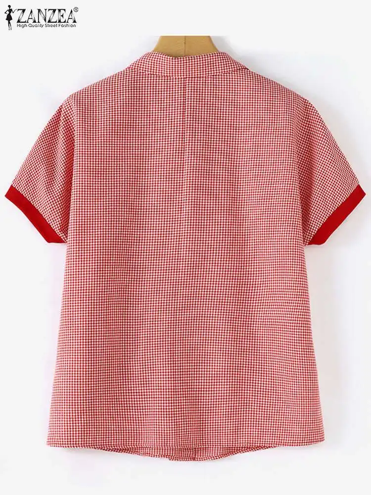 ZANZEA Koreańska moda damska Camisas Summer Checked Lapel Neck Button Up Gingham Shirts Vintage Color Block Short Sleeve Blouses