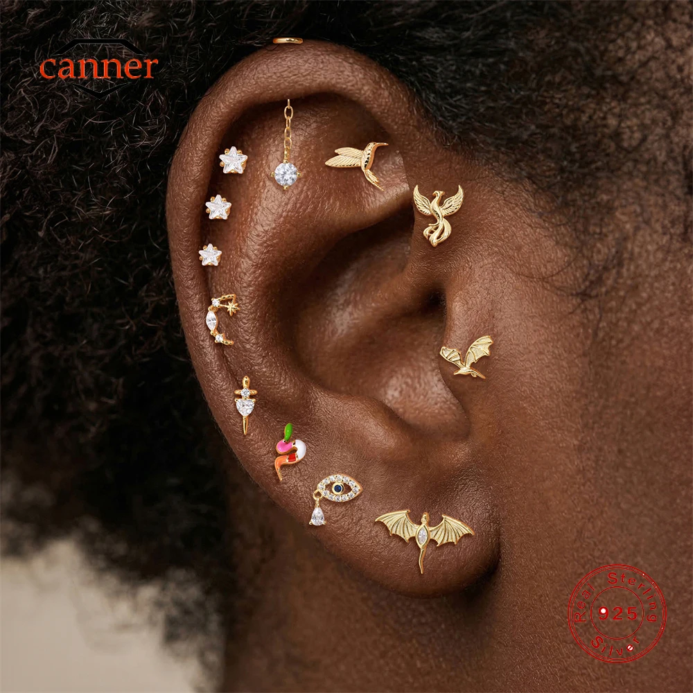 CANNER 1 Stück 925 Sterling Silber Goldfisch Tier-Serie Gewindeter Flachkopf-Piercing-Ohrring für Damen INS CZ Ohrknochen-Ohrring Geschenk