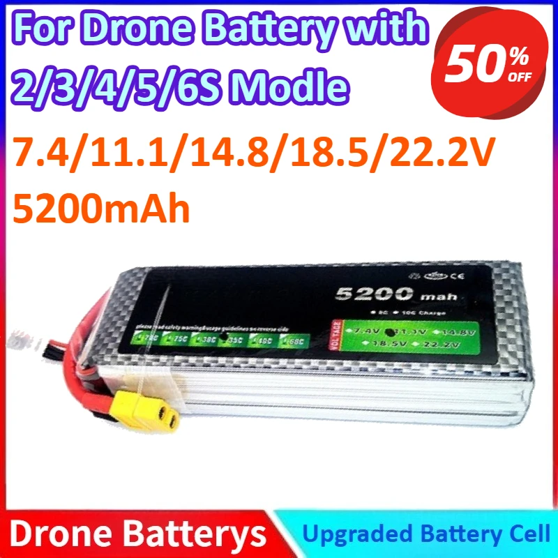 

7.4/11.1/14.8/18.5/22.2V 5200mAh 2/3/4/5/6S General-purpose Lipo Battery 60C for Helicopter Aircraft Quadcopter Cars Airplane
