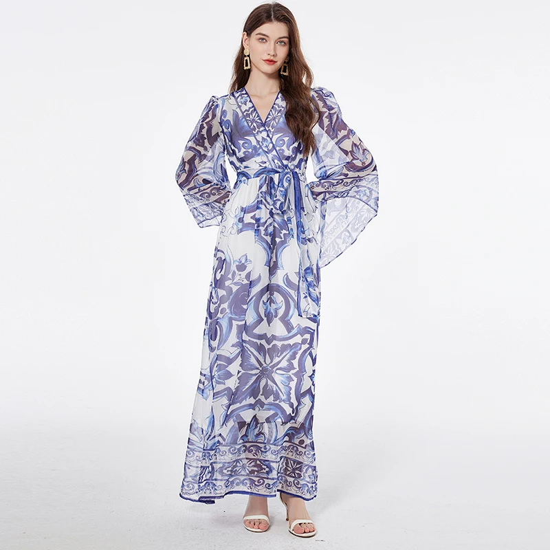 Summer Bohemian Red Blue And White Porcelain Dress Women's Batwing Long Sleeve Floral Print Beach Runway Party Robe Maxi Vestido