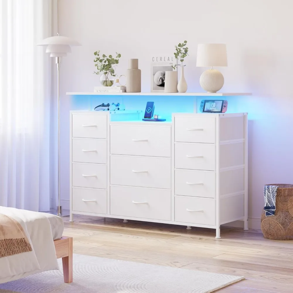 LUMTOK 11-Drawer Fabric-Lined Dresser with Charging Station, LED Lighting, and Shelving for Bedroom Storage