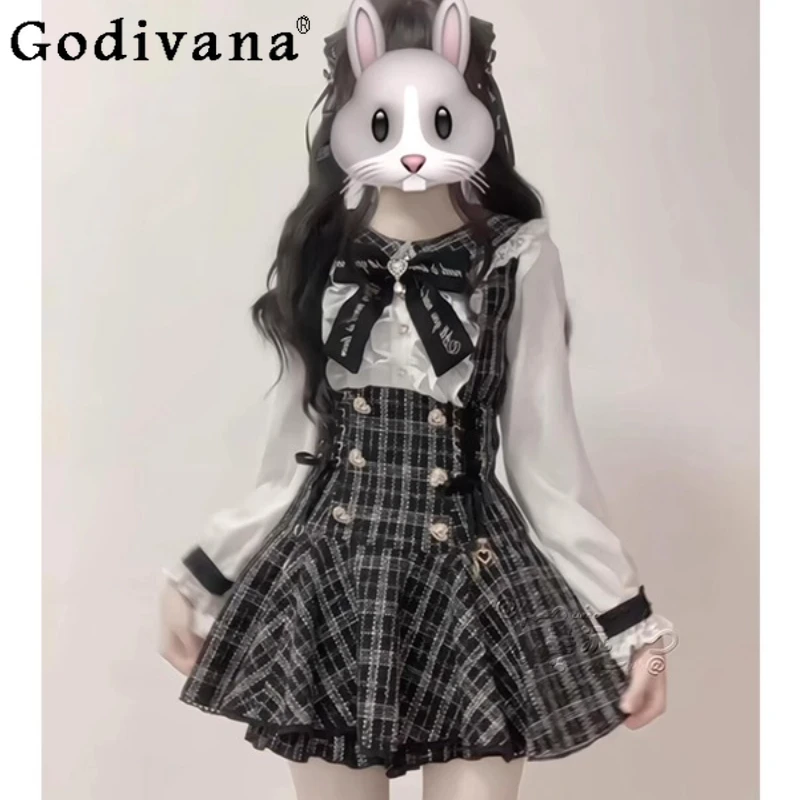 

Платье в японском стиле с длинными рукавами и бантом, женское платье Лолиты с высокой талией, женское осеннее милое платье с бантом и шорты, комплект