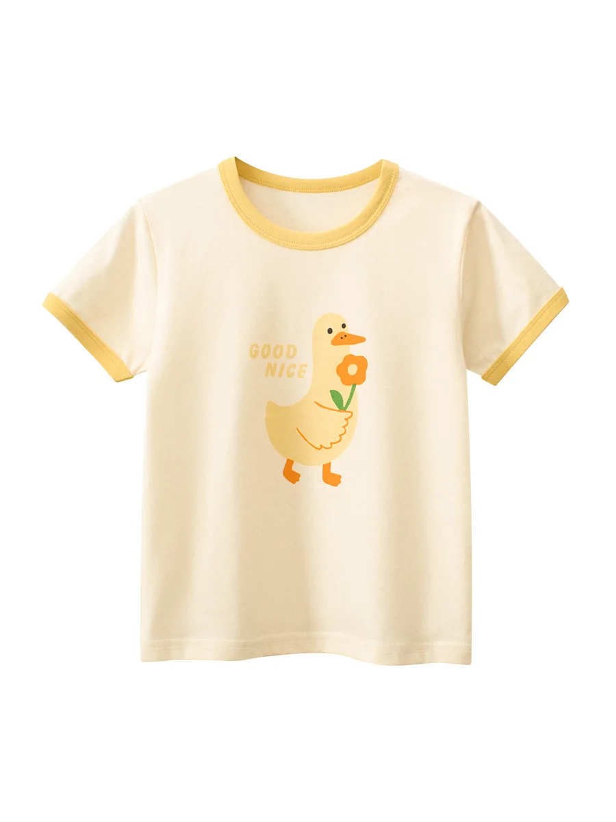 Girls' Summer Cute Cartoon Little Yellow Duck Print Cotton Short Sleeve, Girls' Apricot Versatile T-Shirt