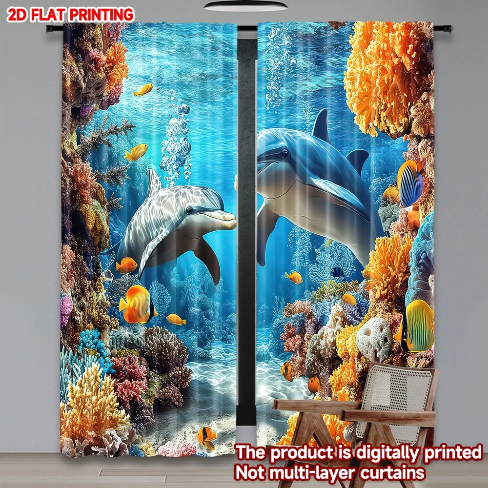 

2D flat printing 2pcs Curtain Dolphins in Coral Reef Digital Printed Polyester Drapes Festive Holiday for Drapes for Bedroom