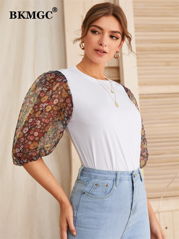 Bkmgc Wit Vrouwen Blouse Slim Fit Half Bladerdeeg See-Through Foral Bloemen Print Chiffon Mouwen O Nek Herfst Trui shirt #5022