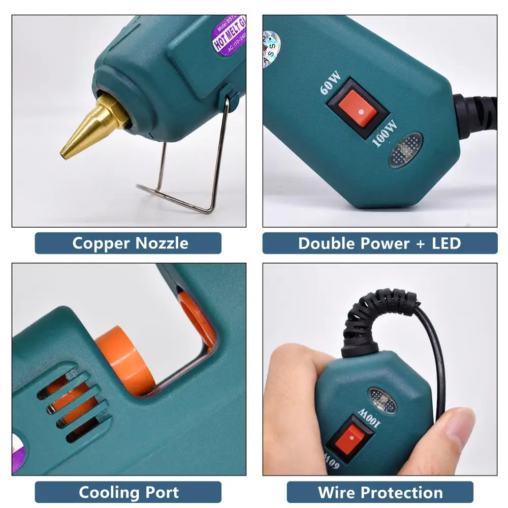 Hot Glue Gun 60/100W Dual Power High Temperature Melt Glue Gun Household Use 11mm Glue Sticks with 5Pcs Nozzle