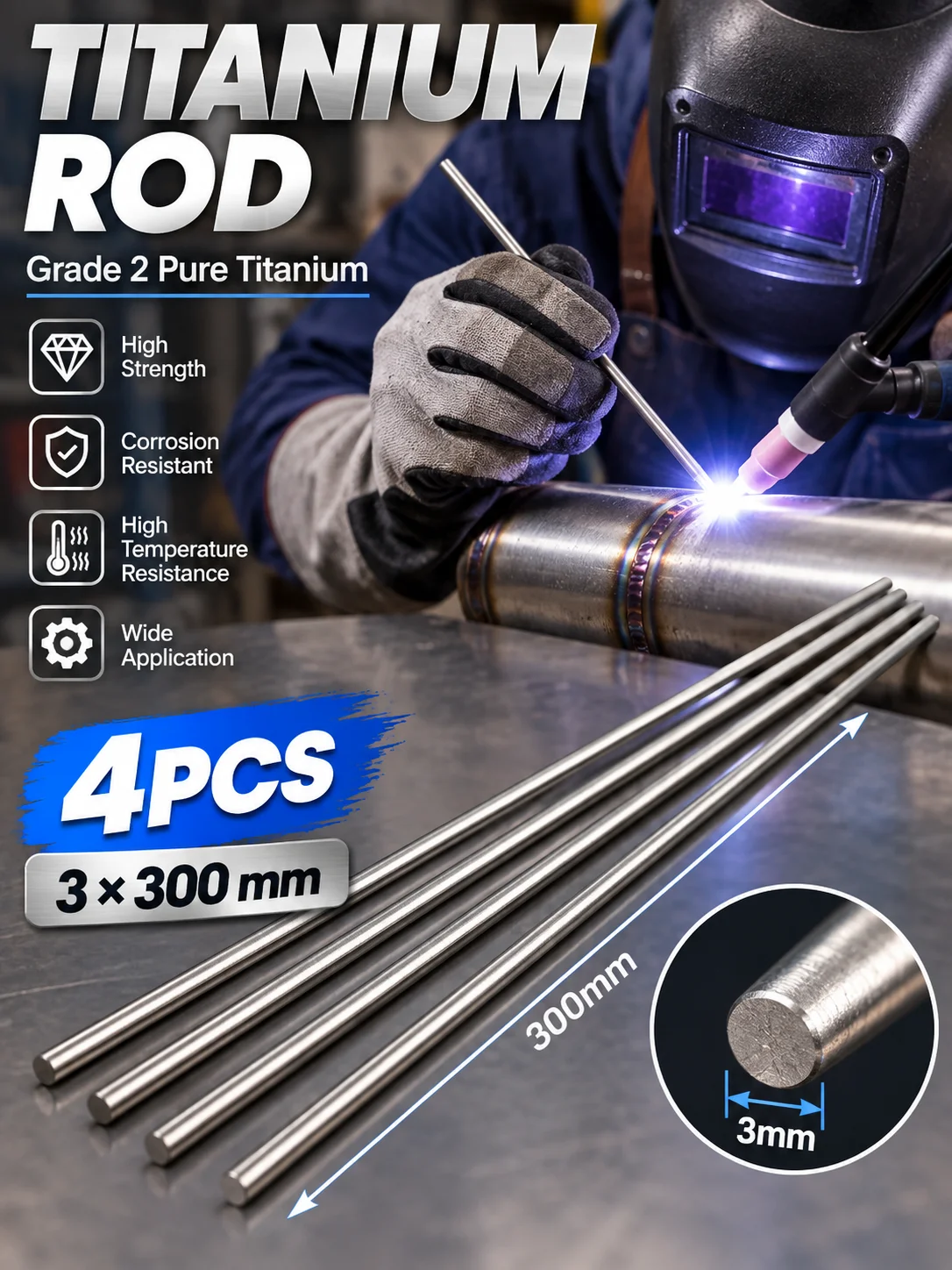 Grade 2 Pure Titanium Rod 3mm×300mm 4Pcs, High Strength Corrosion Resistant Solid Titanium Bar for TIG Welding & Metal Repair