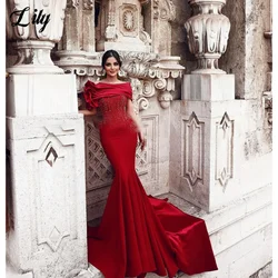 Lily Red Gorgeous Off-Shoulder Prom Dresses Shiny Sequins Evening Gown for Woman 3D-Flowers Satin Party Dress for Wedding 프롬 드레스