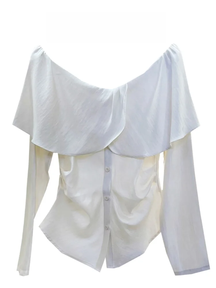 

White Ruffle Sleeve Long Shirt Women's Autumn Winter Slim Fit Short Style Korean Straight Cut Commute Fashion Button Detail
