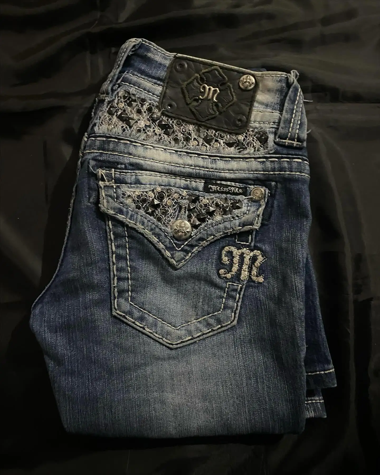Streetwear Vintage Jeans Y2K Clothes Womens Vintage Pocket Sequin Washed Blue Baggy Jeans Mid Rise Slim Fit Trousers