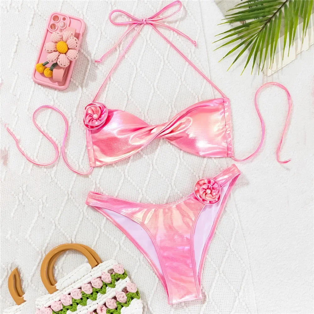 Shiny Pink 3D Flower String Halter Bikinis Sets Women Front Wrinkled Swimsuit Ladies Swimwear High Cut Bathing Suit Bikini Demen