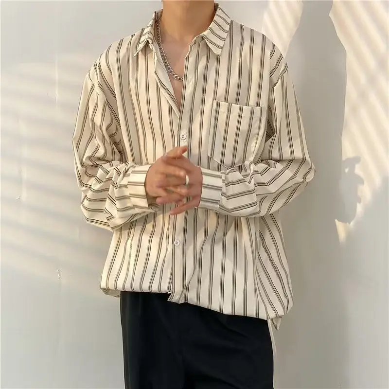 

Men's Long Sve Striped irt Drapey Casual Loose Fit Autumn Faionable Versatile Lightweight Polyester Fiber Stand Sle
