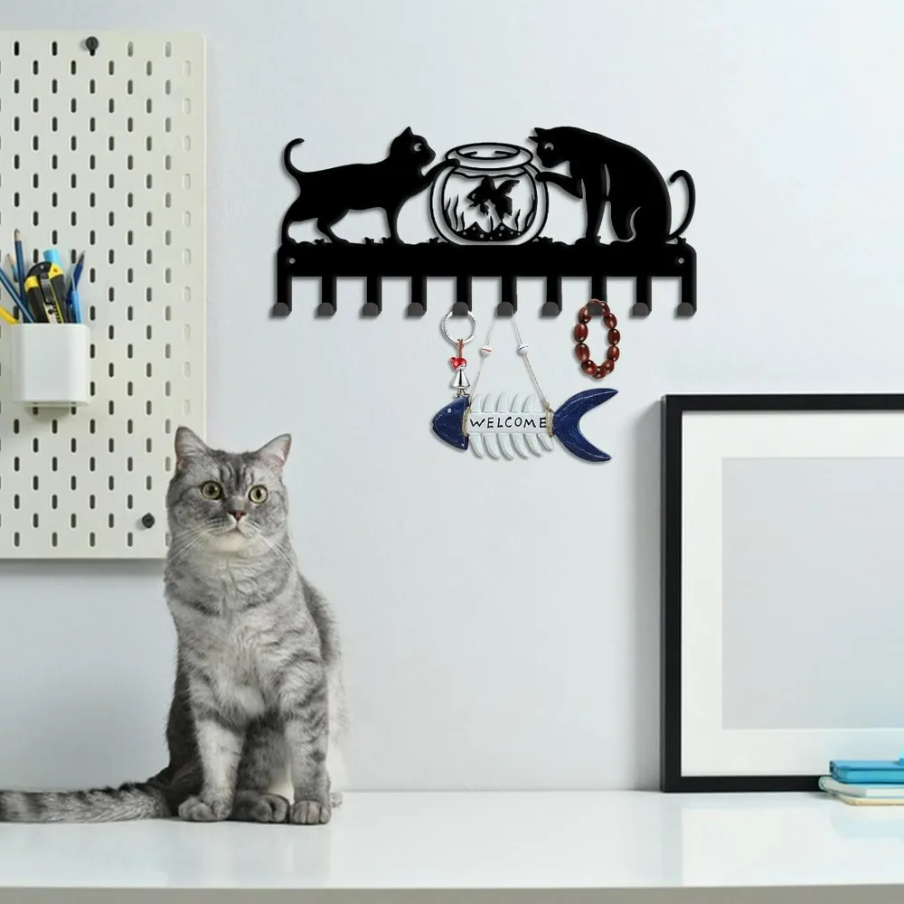 Cats Key Holder 2 Cats Playing with Fish Tank Decoratice Key Hook 10 Hooks Wall Mounted Key Rack Hanger Organizer Black Iron