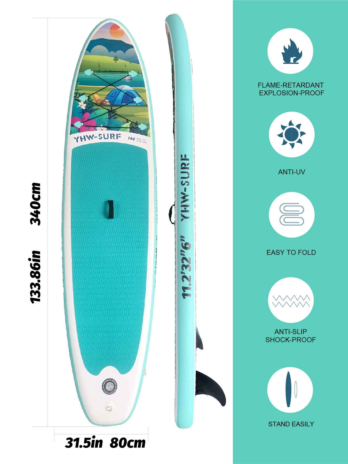 Deska SUP (Stand-Up Paddle Board) z pompką, akcesoriami, plecakiem, linką bezpieczeństwa, odłączanymi płetwami, wiosłem i zestawem naprawczym.