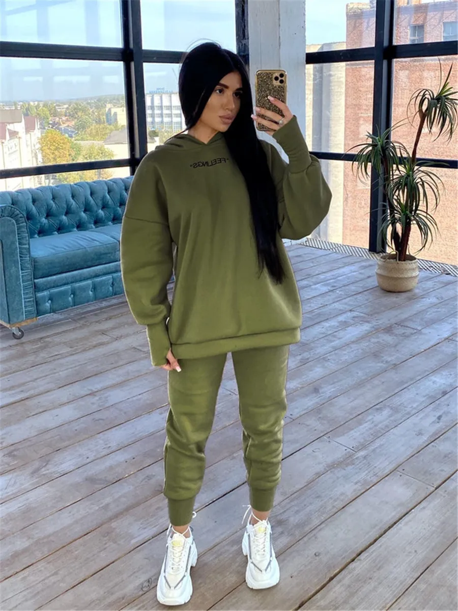 2022 Women\'s Two Piece Sets Tracksuit Autumn Casual Solid Long Sleeve Hoodie Sweatshirts Female Fashion Oversized Trouser Suits