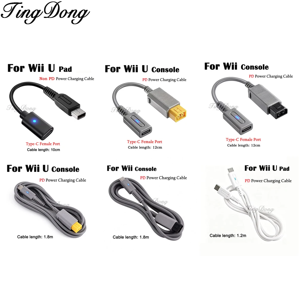 PD USB Type-C Charging Adapter Cable for Wii Console, Wii U Console & Wii U GamePad Power Supply Cable Repair Accessories