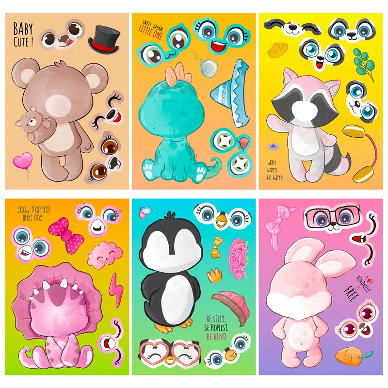 6 Sheets/Set Cartoon Animal DIY Puzzle Sticker Kids Handmade Assemble Kawaii Animal Make a Face Sticker Game Toy