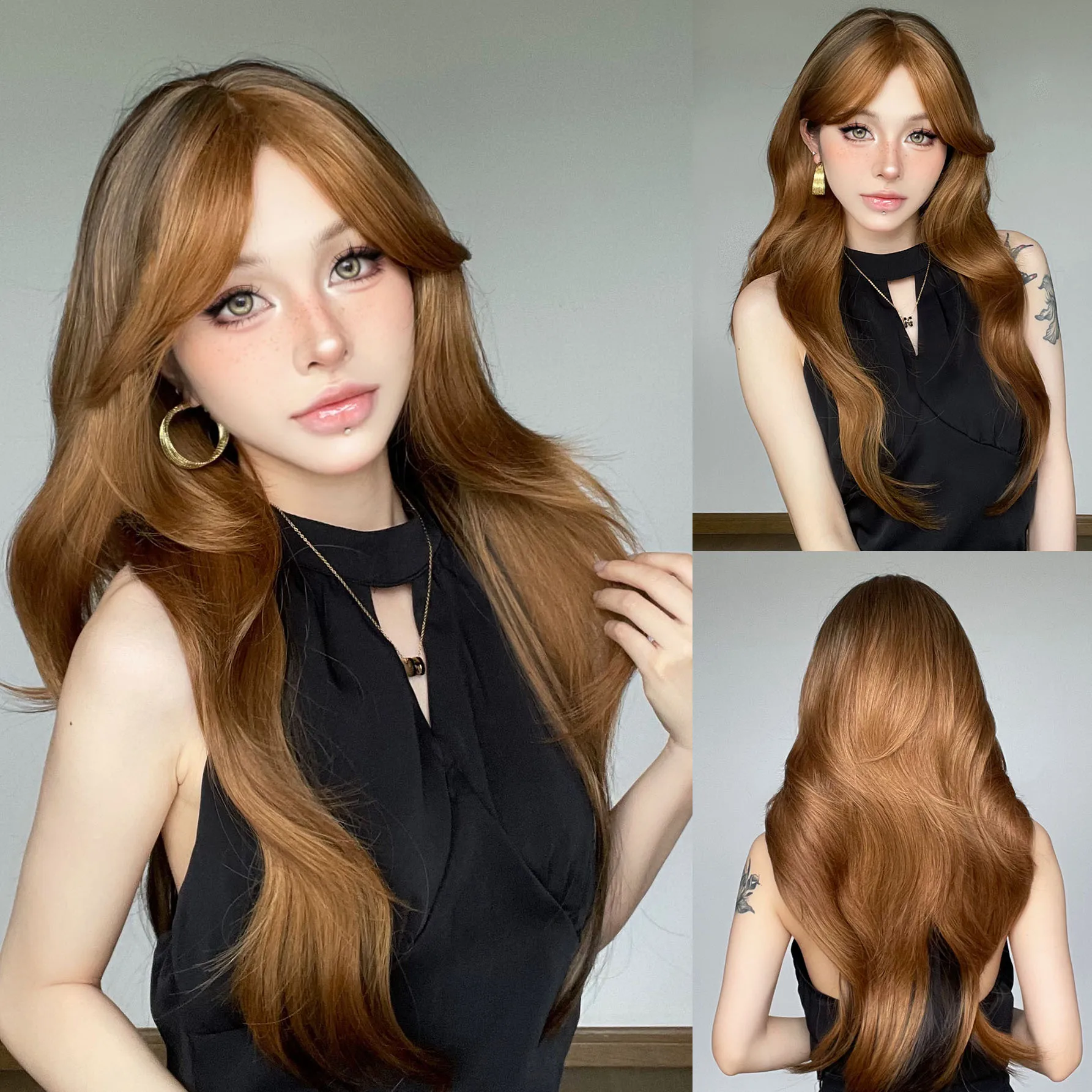 

Golden brown medium long roll large wave synthetic wig | star net red with high quality wave wig wig | suitable for daily wear