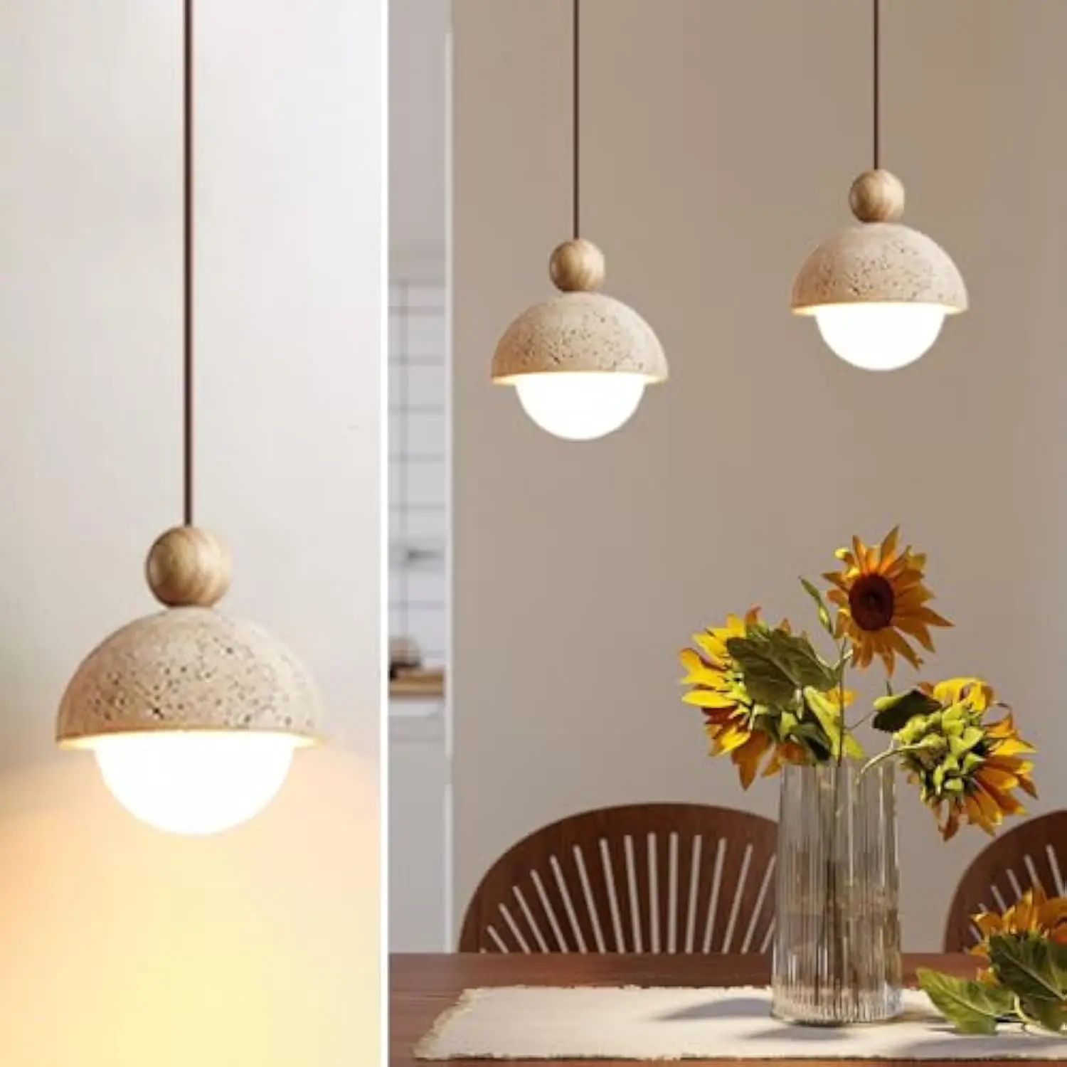 

Spherical Wabi Sabi Natural Stone Pendant Light Retro Japanese Style Vintage Hanging Light for Girl's Room Kitchen Island Dinin