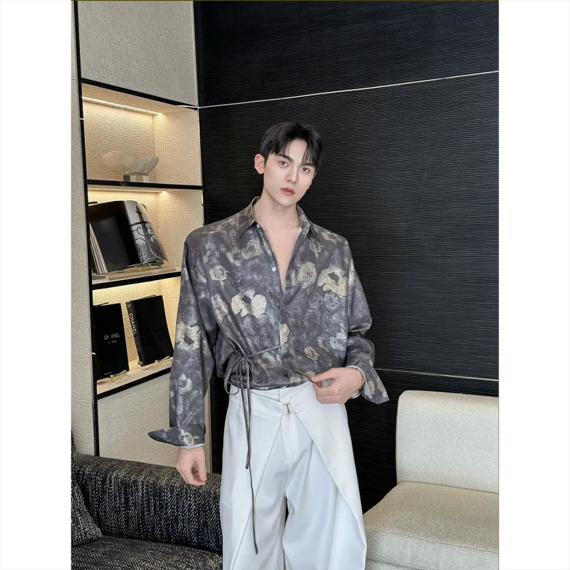 

Retro Luxury Long Sve Men's irt 2026SS New Sle Dra Design Sensation Glow Color Tie Waist irt Trendy Polyester Fiber