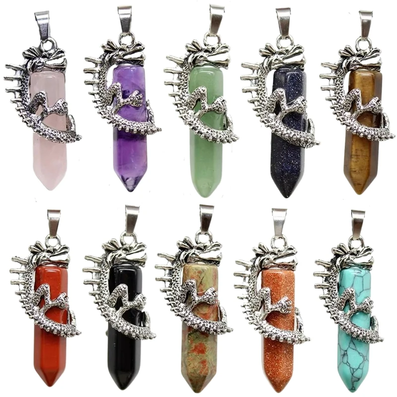 15 Pcs Mixed Stone Powder Crystal Amethyst Hexagon Pendant Fashion Natural Stone Panlong Crystal Pendant Men Women Jewelry Gift