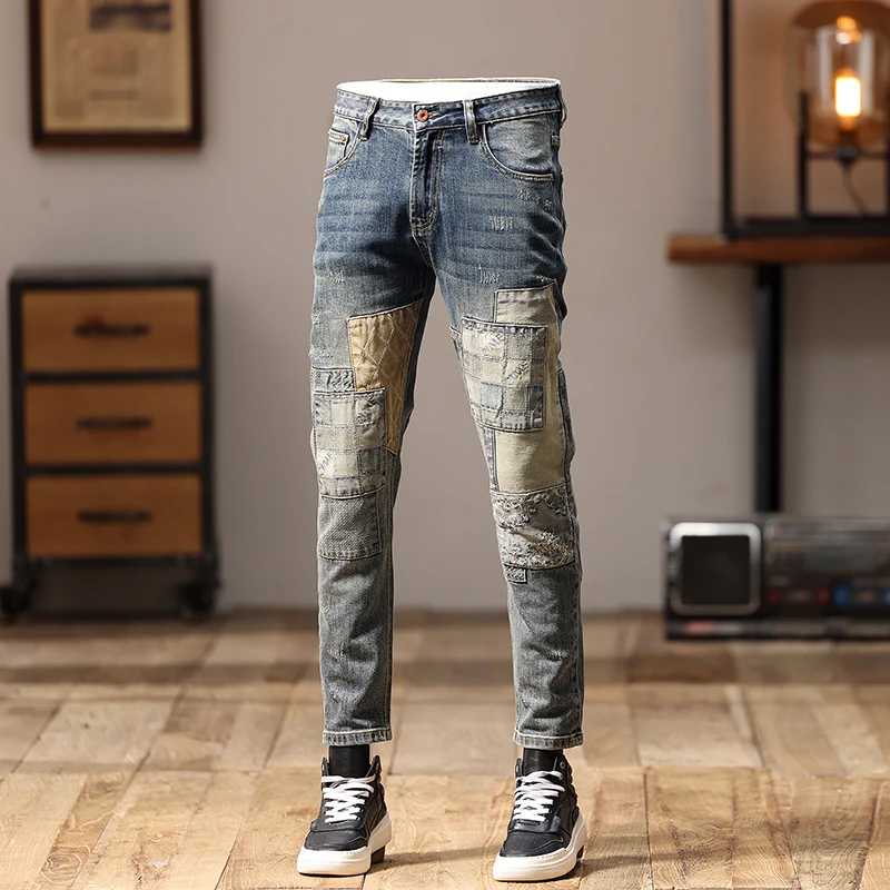 Street fashion personalized patchwork patch slim small straight leg pants heavy embroidery gangster handsome biker men\'s pants