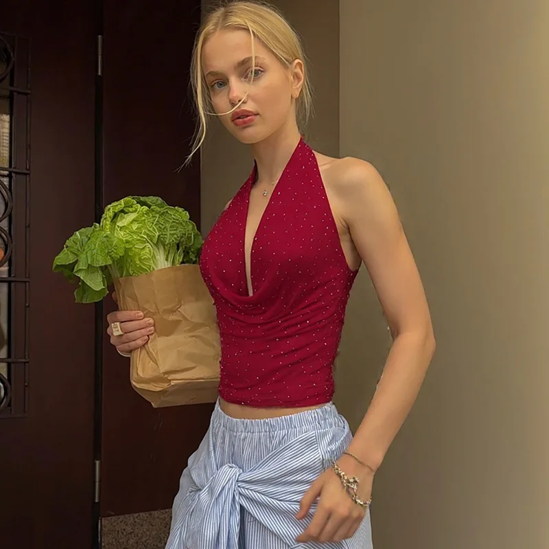 

Women Diamond Halter Deep V Crop Tops Tanks Camis Tee T Shirts Female Ins Night Out Date Streetwear Festival Party Birthday Tops