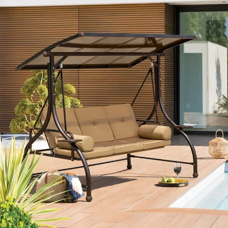 Outdoor Patio Swing with Hardtop, 3 Person Porch Swing Bench with 2 Side Cup Holder, Convertible Backrest Swing Bed