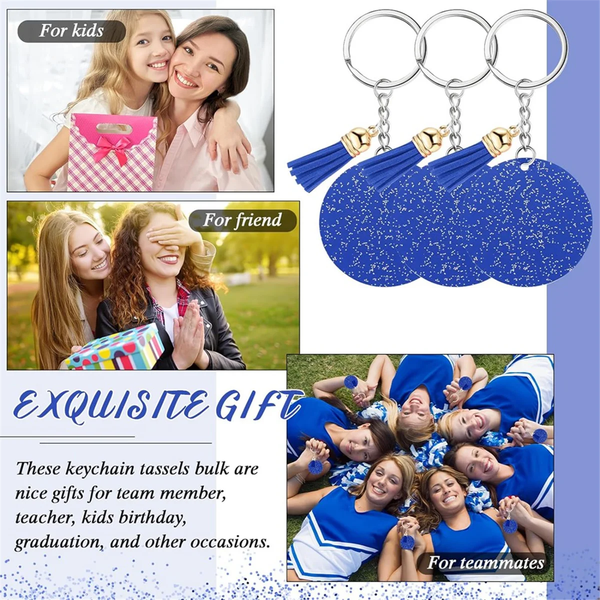 Acrylic Keychain Blank with Key Ring 1.97 Inch Glitter Acrylic Blank DIY Keychain Tassel Blue