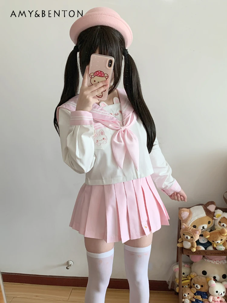 Cute Jk Uniform Female Japanese Preppy Style Sweet Cartoon Embroidery Rabbit Ears Navy Collar Shirt Pleated Skirt Two-piece Set
