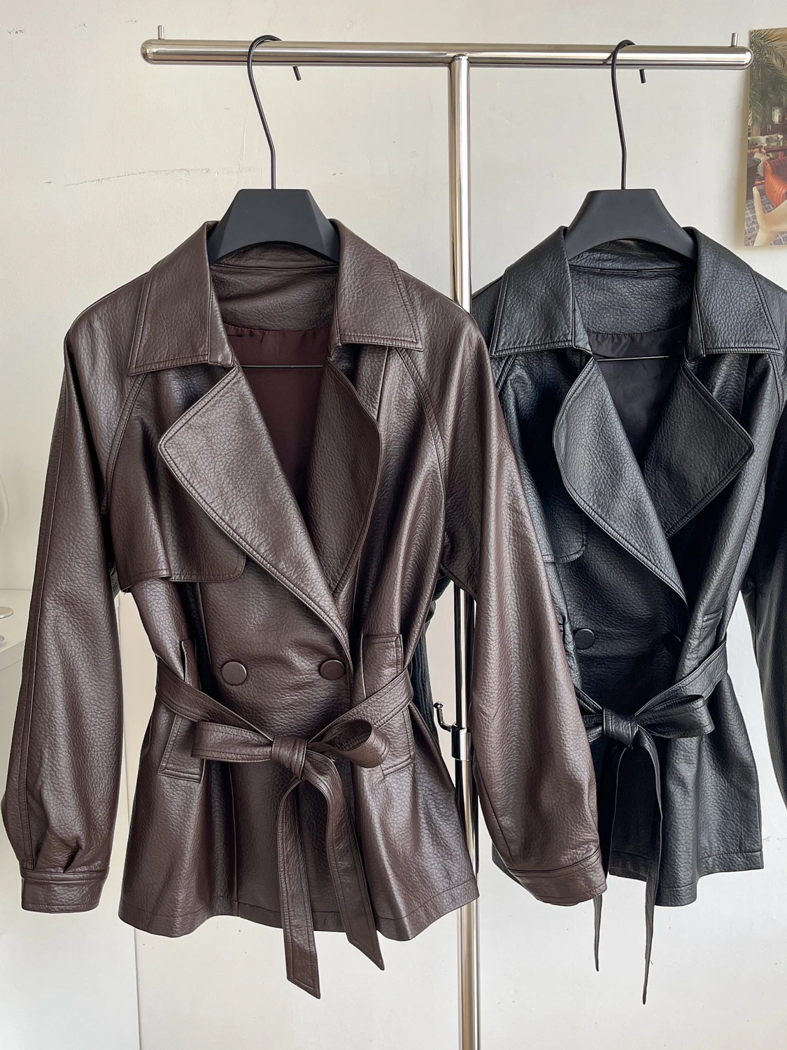 

Женская свободная повседневная двубортная ветровка Ele Long Sve Leather Jaet, модное пальто с поясом на талии