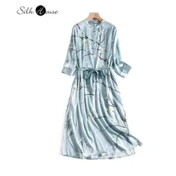 2024 Women's Fashion Spring New 21MM Heavyweight Elastic Satin 93%Natural Mulberry Silk Stand Collar Blue Print Loose Dress