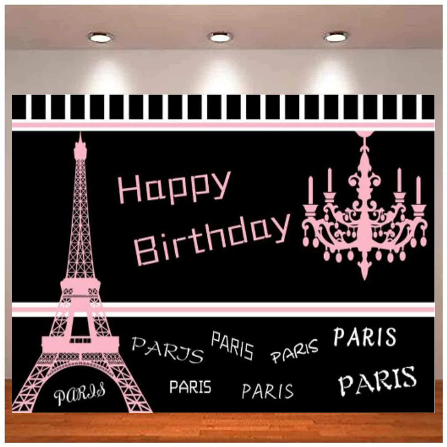 Happy Birthday Photography Backdrop Pink Eiffel Tower France City Landmark Chandelier Black And White Striped Pattern Background