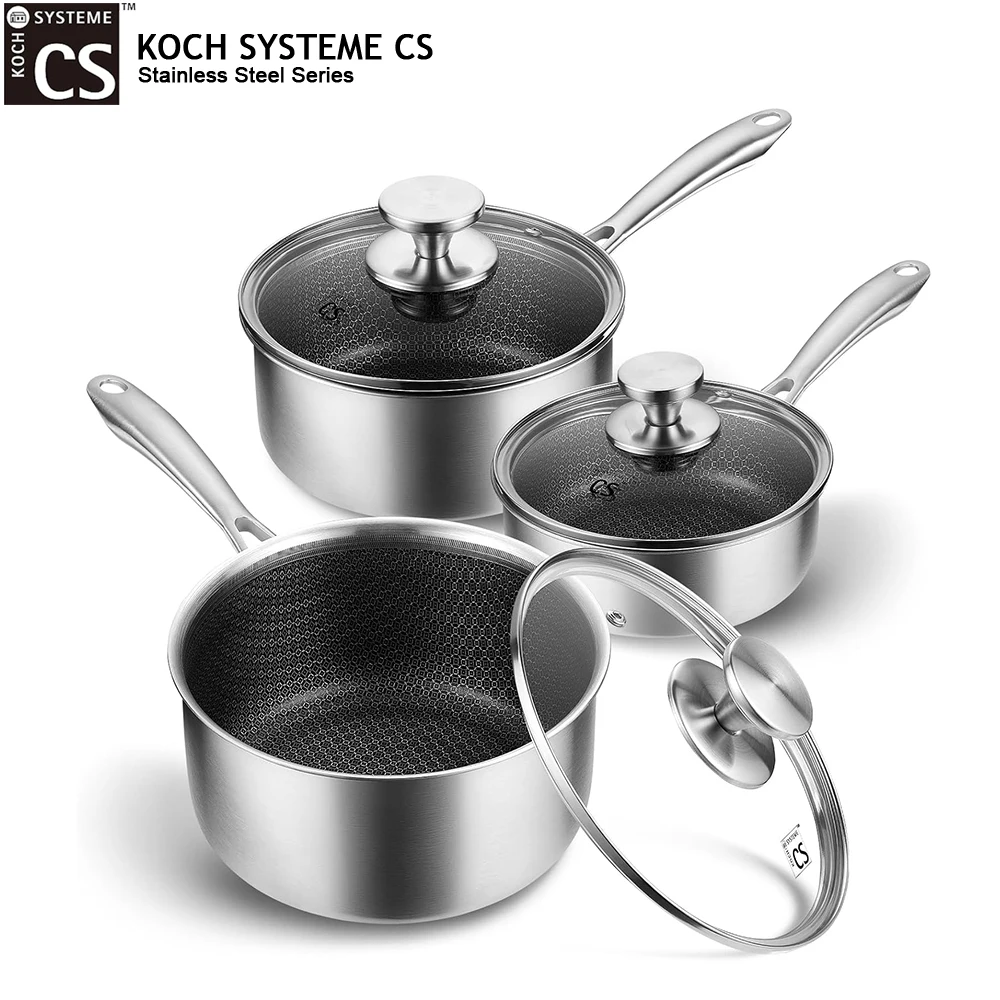 KOCH SYSTEME CS 1/2/3 Qt Saucepan Hybrid Nonstick Stainless Steel Milk Pot Sauce Pan with Lid Honeycomb Interior Small Steel Pot
