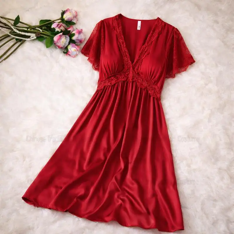 

Ночная сорочка с коротким рукавом и кружевной отделкой, V-образным вырезом, для женщин, невест, свадебное платье-халат, домашняя одежда, пижама, женская ночнушка