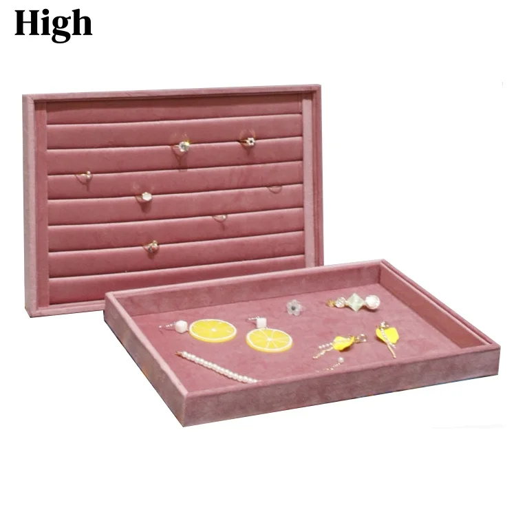 Pink Velvet Jewelry Display Tray, Large 35x24cm Multi-Functional Ring Necklace Earring Organizer, Watch Holder for Store Counter