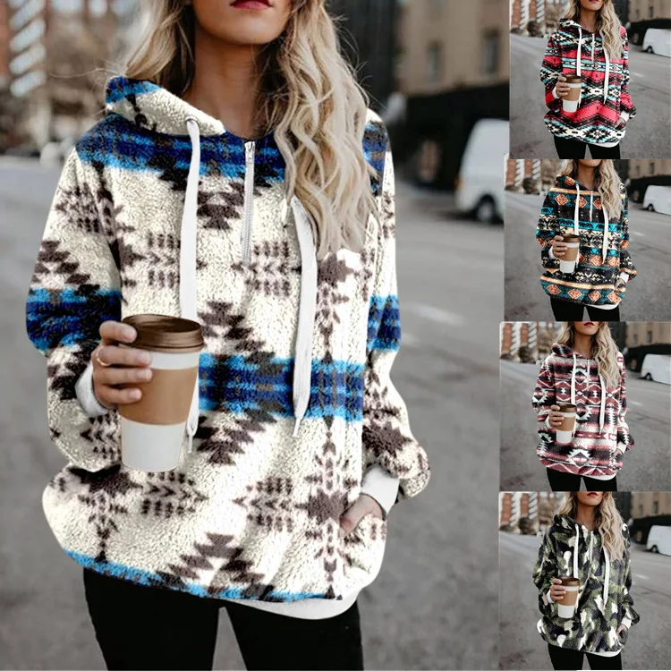 Print Women Hooded Hoodies Long Sleeve Sweatshirts Pullover Sweatshirt Loose Fit Pockets Spliced Draw String Casual Sports