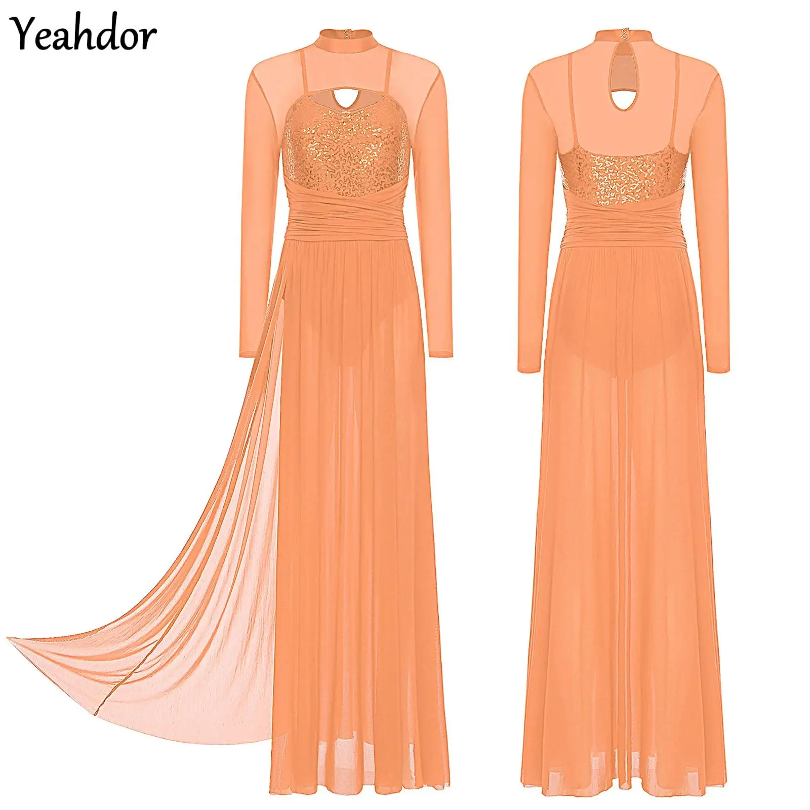 

Women Contemporary Lyrical Dance Dress Sequin Long Sleeve Mesh Tulle Maxi Long Dress Ballet Gymnastics Modern Skating Dancewear