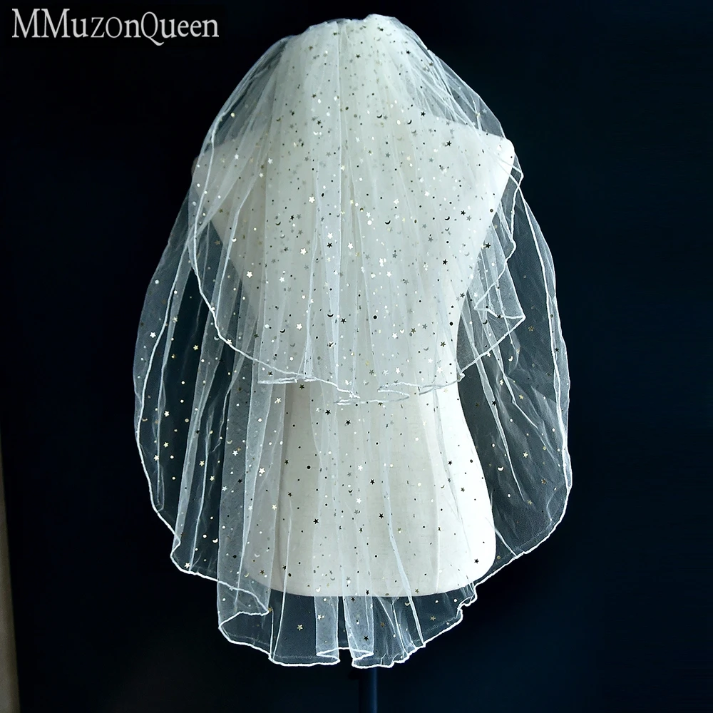 MMQ M14 Star Moon Sequins Veil Hot Sale Wholesale 2 Tier Yarn With Comb Bridal Wedding Veil Engagement Woman Accessories