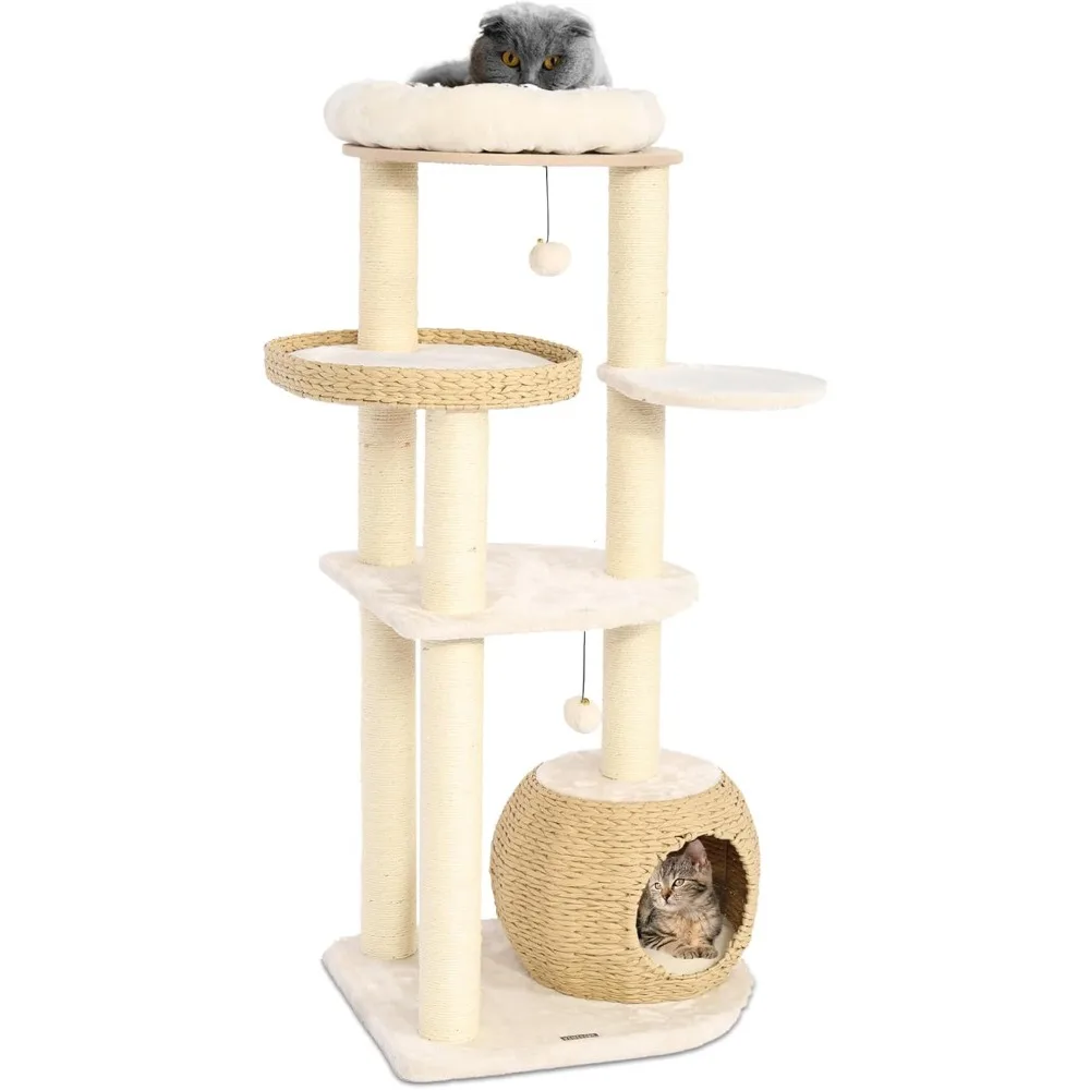 

KAMABOKO Modern Cat Tree, 53" Cat Tower for Indoor Cats Natural Sisal Scratching Posts, Hand-Woven Condo & Top Perch, Cat Tree T