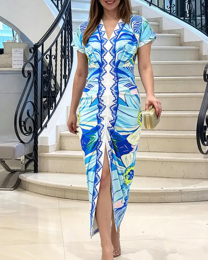 

Women's Dress 2026 Spring Summer New Floral V-Neck Ruched Midi Dress Front Slit Short Sleeve Bodycon Tropical Vacation Dress