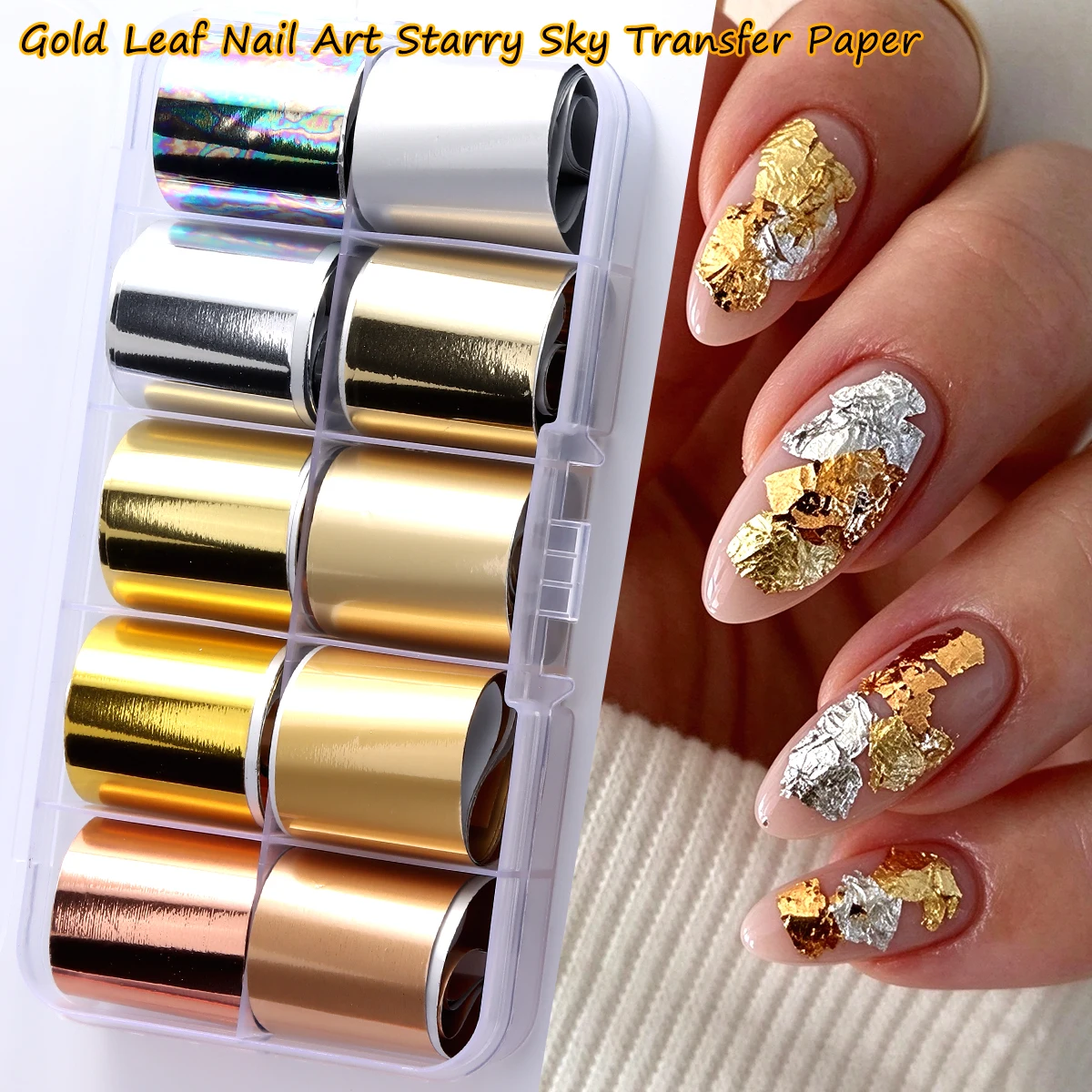 10 Rolls Metallic Gold Silver Rose Gold Starry Sky Nail Foil Transfer Paper, Holographic Nail Decals Stickers for DIY Manicure N
