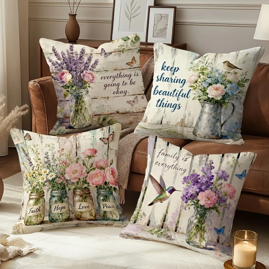 1PC 2D Flat Vintage Watercolor Floral Farmhouse Throw Pillow Covers with Inspirational Quotes No Pillow Core