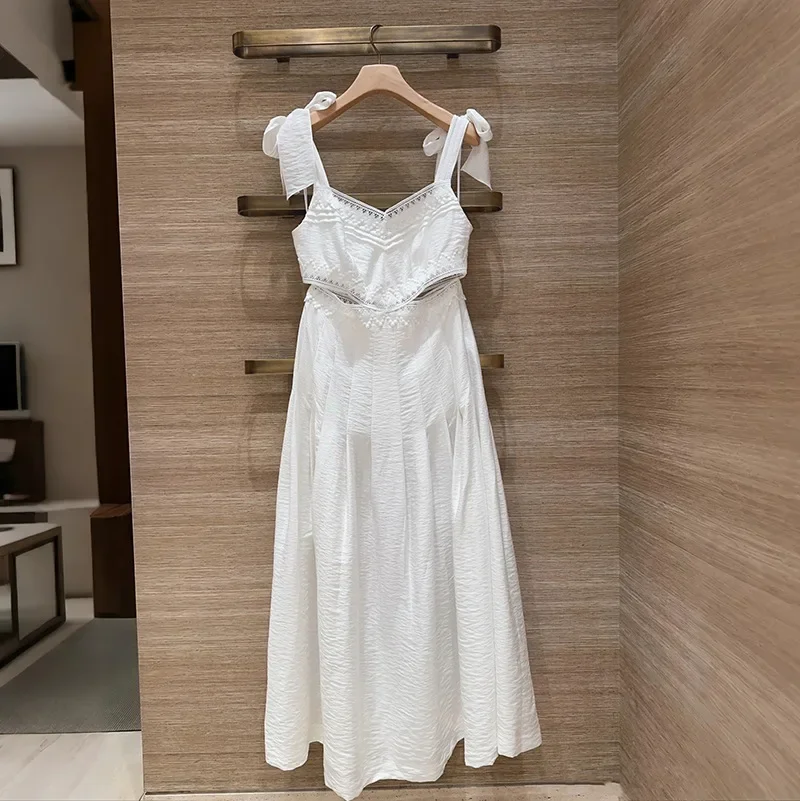 Vrouwen witte jurk kanten taille uitgeholde strik tankjurk mode zomer dames mouwloze onderjurken
