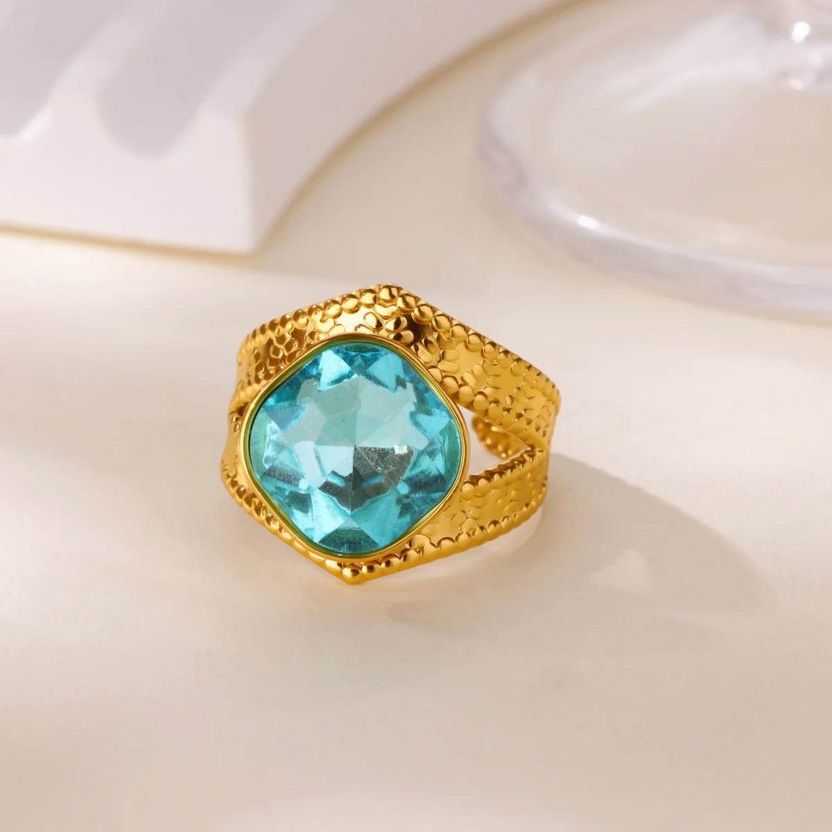 Blue Oval Zirconia Rings for Women Girls Gold Color Stainless Steel Ring Vintage Luxury Couple Wedding Band Jewelry Freeshipping