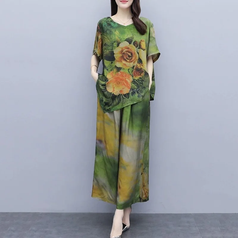 2022 New Spring Summer Two-Piece Women\'s Fashion Print Suit  Female Loose Wide-Leg Pants Lady Casual Retro Tops